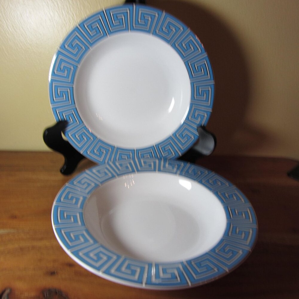 Jonathan Adler silver & blue greek key bowls- pair of 2 (W5103)